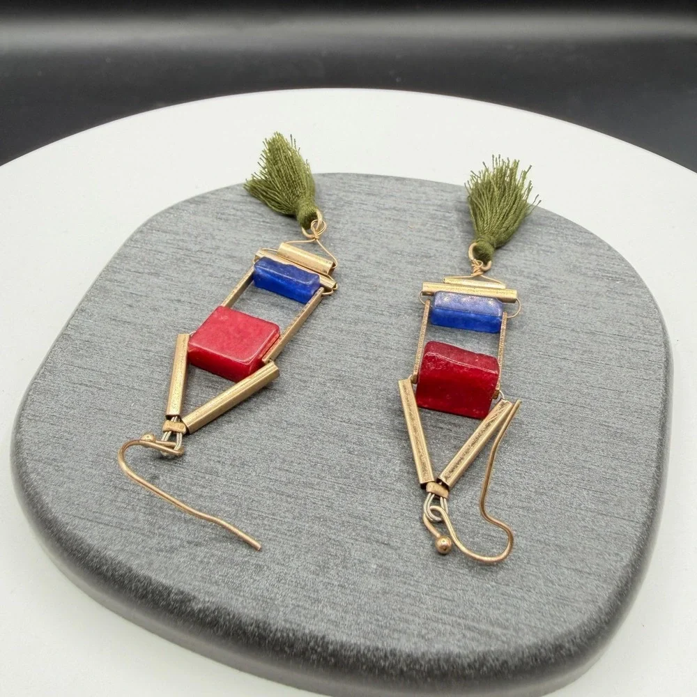 Gold Tone Red Blue Stone Olive Green Tassel Boho Geometric Dangle Earrings